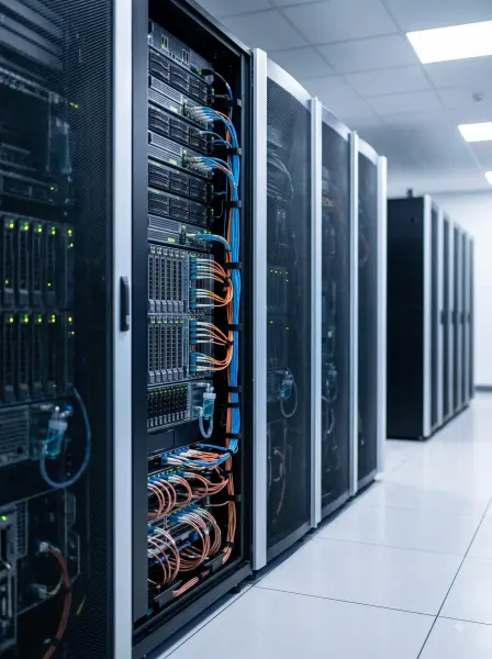 Close up of blue and orange network cables plugged into a server rack in a data center.