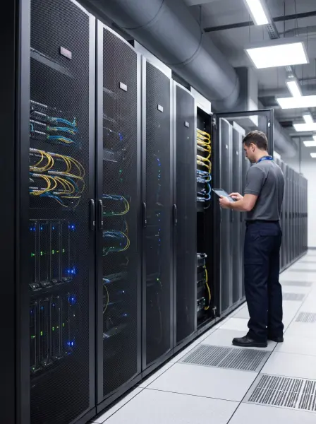 Male network engineer holding a tablet looking at an open server rack in a data center.