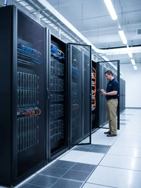 Male IT professional holding a tablet looking at an open server rack in a bright data center.