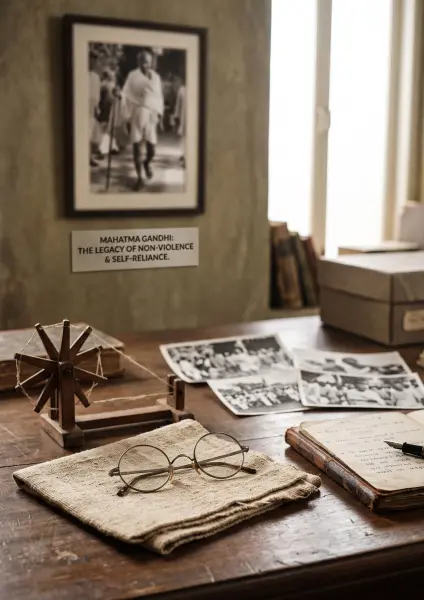 A rustic wooden desk displaying round wire glasses on khadi cloth, an open journal with a fountain pen, scattered vintage black-and-white photographs, a miniature charkha, and a sign about Mahatma Gandhi.