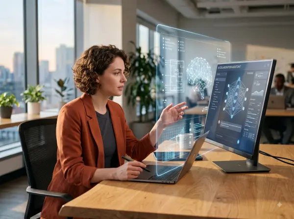 Woman working on a laptop with a glowing AI collaboration assistant hologram displaying a neural network.