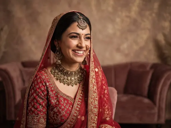 A close-up portrait of a radiant Indian bride smiling brightly, wearing a richly embroidered red lehenga, traditional gold jewelry, and a sheer red dupatta.