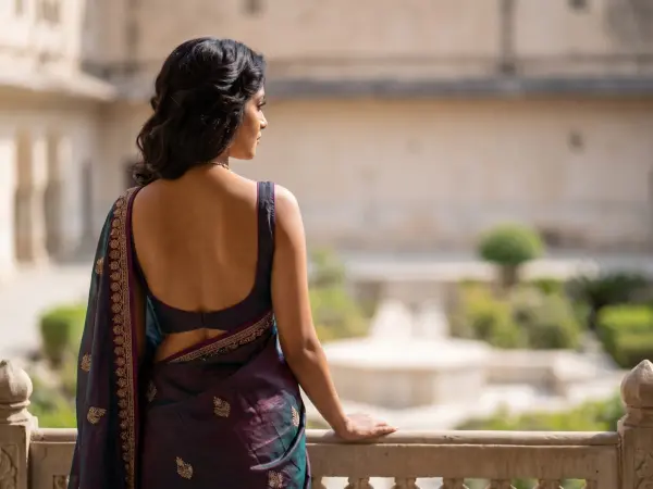 A stunning Indian bride viewed from behind, wearing a deep burgundy and green saree with gold embroidery and a backless blouse, standing on a stone balcony overlooking a beautiful palace courtyard and gardens.