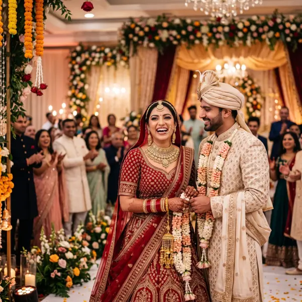 A joyous Indian bride in a red lehenga and groom in an ivory sherwani laughing together while holding hands during their wedding ceremony, with guests clapping in the background.