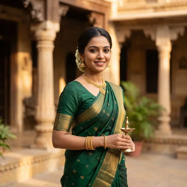 A smiling Indian woman wearing an elegant green saree with gold borders and traditional gold jewelry, holding a brass oil lamp (diya) while standing in a stone courtyard.