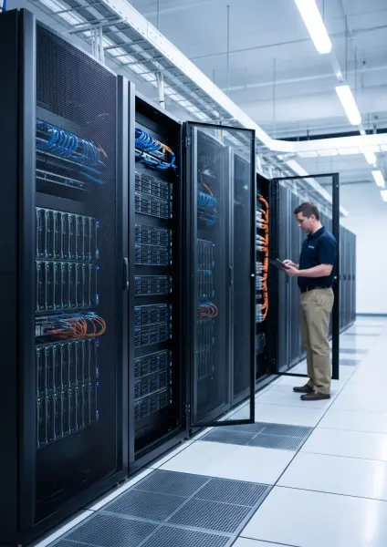 A male IT professional in a dark polo and khaki pants holding a tablet, looking into an open black server rack cabinet in a bright data center.