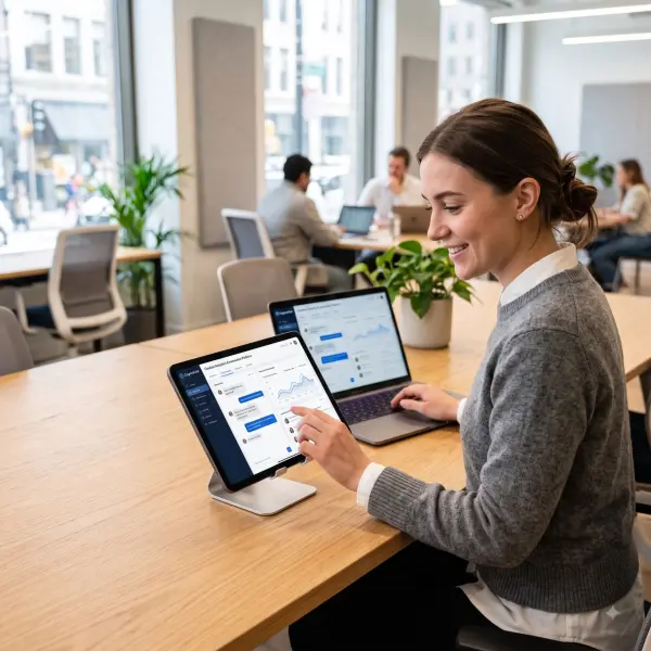 Smiling professional woman tapping a tablet displaying an interactive AI chatbot and analytics platform in an office.