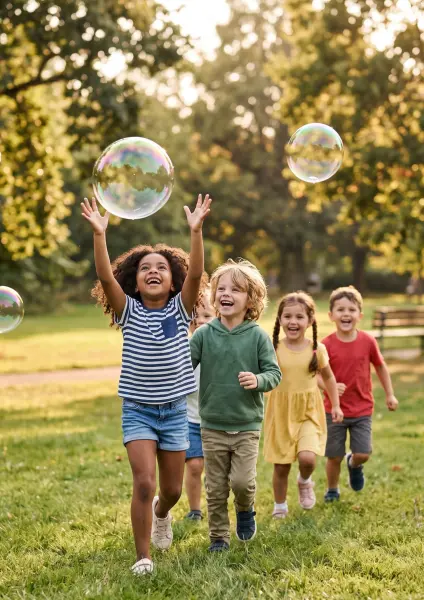Four diverse young children running towards the camera, laughing and reaching up to catch very large, colorful soap bubbles floating above them in a green park.