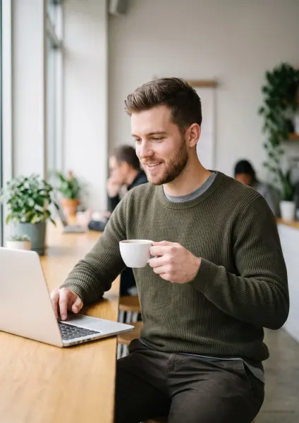 A young man sitting at a wooden window counter in a cafe, typing on a laptop with one hand and holding a white coffee cup with the other, smiling warmly.
