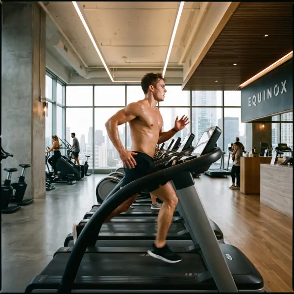 A fit, shirtless man covered in sweat running intensely on a treadmill in a modern gym with large windows overlooking a city skyline.