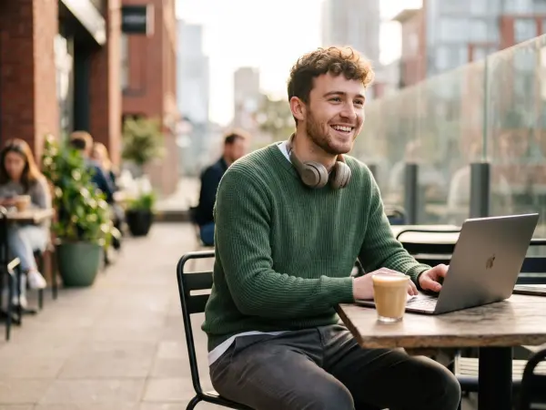 A cheerful young man in a green sweater sits at a wooden table on a sunny outdoor cafe patio, smiling and typing on a silver laptop with an iced coffee nearby.