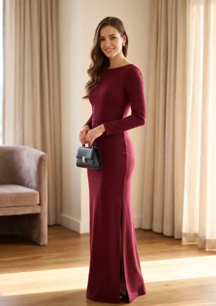 A full-length portrait of a smiling woman with long brown hair wearing a form-fitting, long-sleeved maroon maxi dress with a side slit, holding a small black handbag in a bright, elegant room.