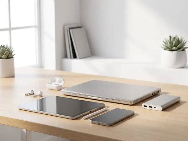 A perfectly organized minimalist workspace on a light wooden desk next to a bright window, featuring a closed silver laptop, a tablet with a stylus, a smartphone, white wireless earbuds, and a silver power bank.