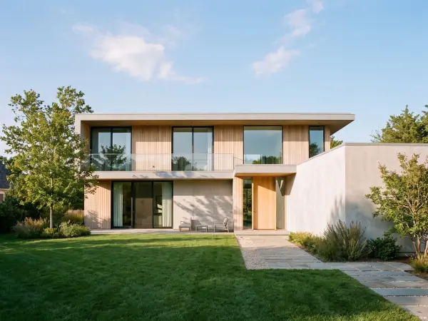 A sleek two-story contemporary home featuring light wood siding, a smooth concrete wall section, a flat roof, large black-framed windows, and a manicured green lawn.
