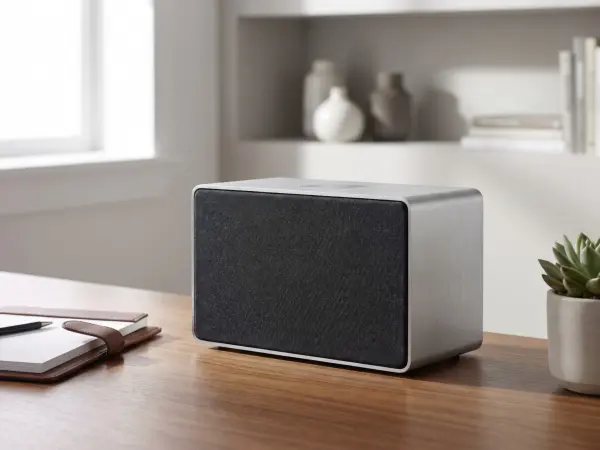 A sleek silver and black rectangular wireless speaker sitting on a polished wooden desk, next to a leather-bound notebook and a small succulent plant, in a bright, modern room.