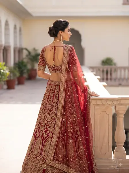 Back view of an Indian bride in a red backless lehenga with gold embroidery standing on a palace balcony.