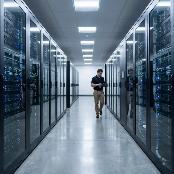 Male IT engineer walking down a clean server room aisle looking at a digital tablet.