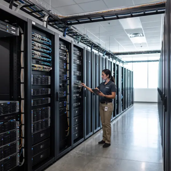 Female IT technician holding a tablet checking cables in a modern data center server rack.
