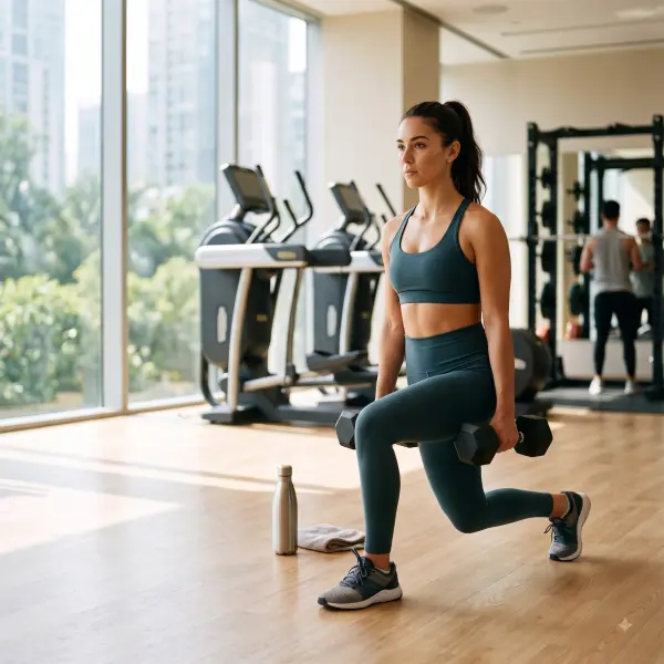 Fit woman doing dumbbell lunges on a wooden floor in a sunlit modern gym.