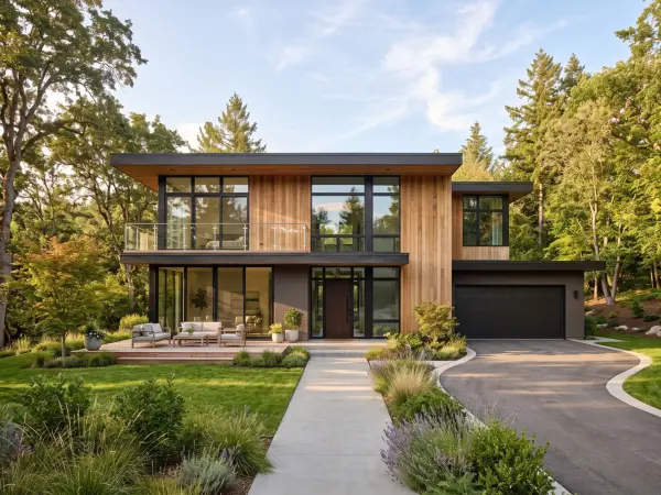 A large two-story contemporary house featuring light wood paneling, massive black-framed windows, a glass balcony, and a paved driveway winding through a landscaped front yard.