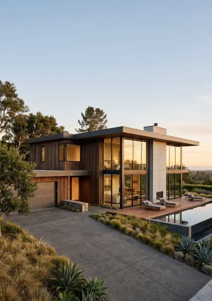 A large two-story contemporary home featuring dark wood siding and massive glass windows glowing with sunset light, a concrete driveway, and a patio deck with lounge chairs next to an infinity pool.