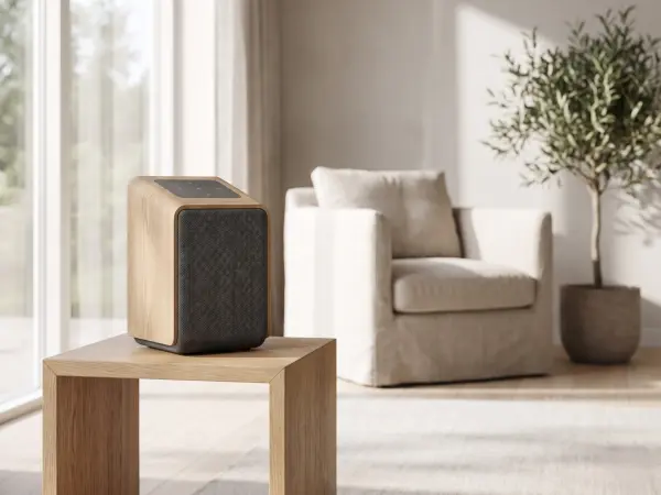 A sleek modern wireless speaker with light wood casing and a grey fabric front resting on a minimalist wooden side table, with a cozy beige armchair and a potted olive tree in the sunlit background.