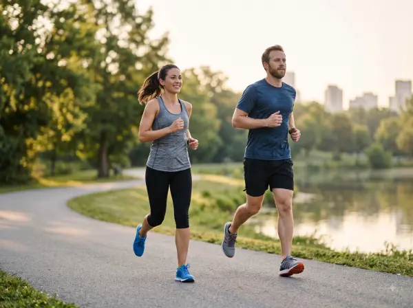 Happy athletic couple running together on a paved park path by a lake in the morning.