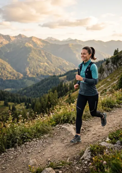 A smiling woman in athletic wear and a hydration pack running along a narrow, rocky mountain trail with a vast alpine valley and peaks in the background at sunset.
