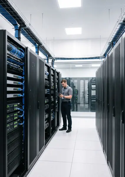 A male IT engineer wearing a polo shirt holding a tablet, standing in a pristine white aisle between black server racks.
