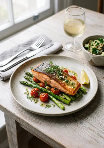 A crispy, pan-seared salmon fillet garnished with fresh dill, served over a bed of bright green roasted asparagus and blistered cherry tomatoes on a rustic plate.
