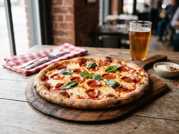 A hot, freshly baked pepperoni pizza with melted cheese and basil leaves on a wooden peel, sitting on a rustic table next to a glass of cold draft beer and a red-checkered napkin.