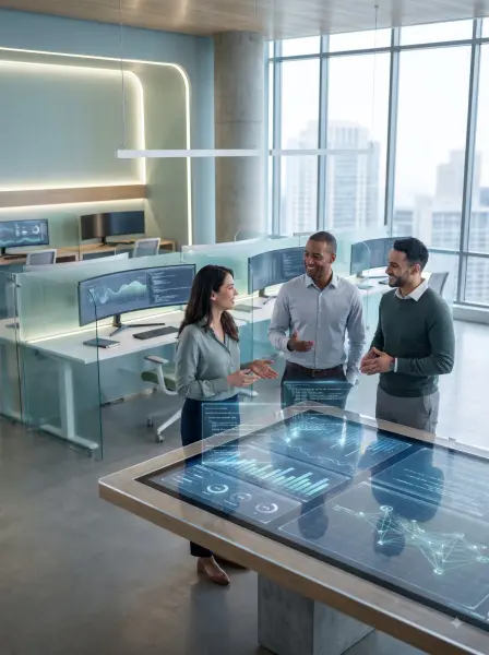 Diverse tech professionals analyzing glowing blue holographic data on a smart table in a modern office.