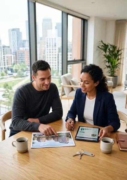 A real estate agent showing property plans on a digital tablet and printed brochure to a smiling couple sitting at a desk with coffee cups.