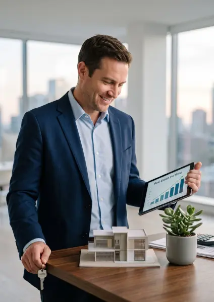 A smiling man in a blue suit holding a pair of house keys and a tablet showing a 'Real Estate Portfolio' growth chart, standing behind a desk with a small architectural house model.