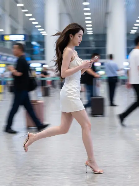 Woman in a white mini dress and high heels running in a busy airport while looking at her phone.