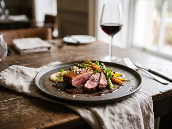 A dark, rustic ceramic plate presenting beautifully cooked and sliced duck breast covered in a rich dark sauce, accompanied by roasted baby carrots, green asparagus, and a dollop of puree, with a glass of red wine in the background.