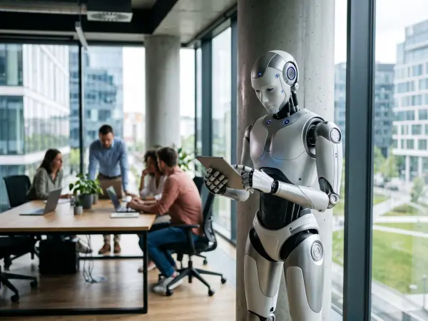 A white humanoid robot holding a digital tablet in the foreground, with a group of blurred human professionals having a meeting at a conference table in the background.