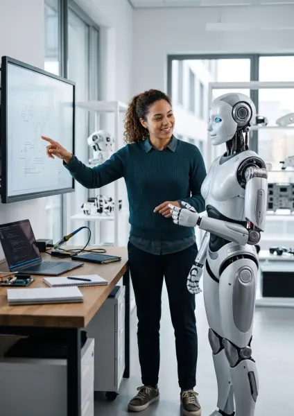 A female engineer stands next to a humanoid robot, smiling and pointing at a large wall-mounted monitor displaying a technical schematic in a bright robotics laboratory.