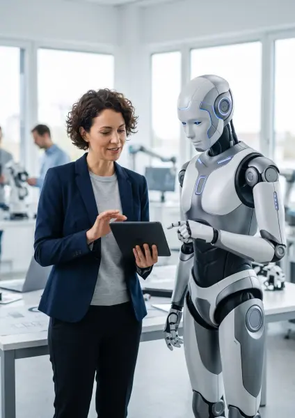 A female engineer wearing a navy blazer holding a black digital tablet, discussing data with a white and silver humanoid robot standing next to her in a modern laboratory.