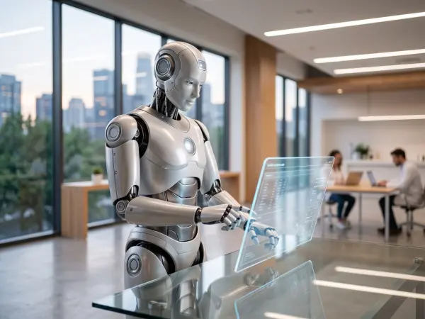 A metallic humanoid robot standing at a glass desk, interacting with a glowing transparent holographic display, while human employees work in the background of a modern office.