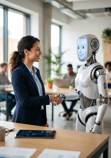 A cheerful businesswoman in a navy suit shaking the mechanical hand of a white and silver humanoid robot in a brightly lit modern office setting.