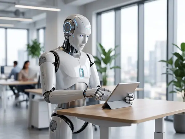 A glossy white humanoid robot standing at a wooden standing desk, typing on a silver digital tablet in a bright, modern office with large windows.