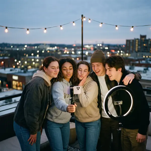 Five diverse young adults huddling together and smiling to take a selfie using a smartphone mounted on a ring light stand, on a rooftop patio with city lights in the background at dusk.