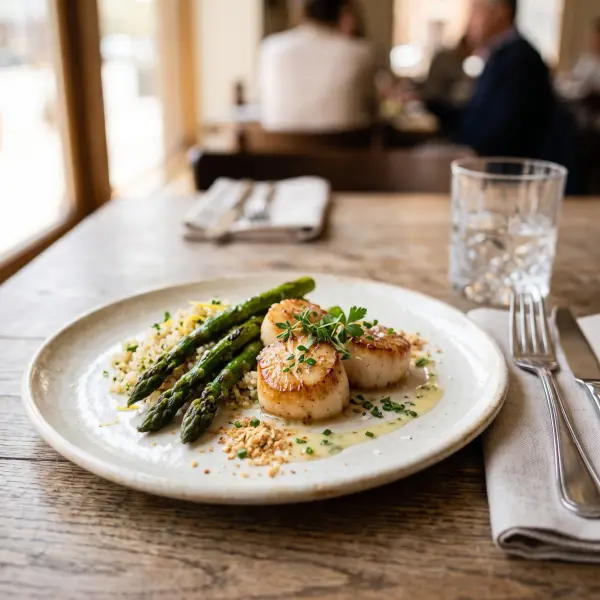 A rustic ceramic plate presenting three pan-seared scallops, bright green roasted asparagus spears, and quinoa, sitting on a wooden restaurant table with blurred diners in the background.