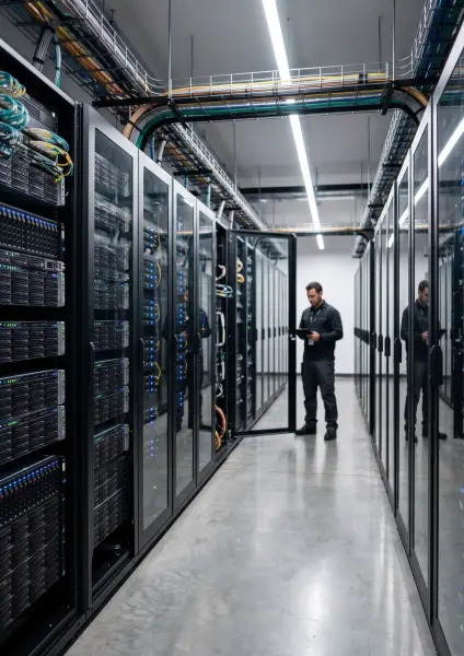A male IT professional stands in a long, brightly lit aisle between rows of black server racks in a data center, looking at a digital tablet.