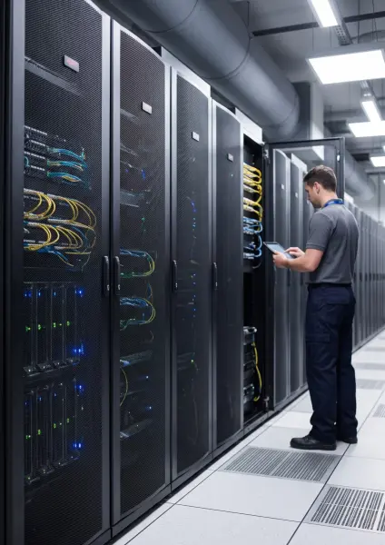 A male IT professional in a grey shirt holding a tablet, standing in an aisle of tall black server racks in a data center.