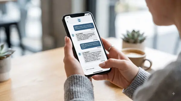 Close-up of hands holding a smartphone displaying an AI chatbot conversation interface in a cafe.