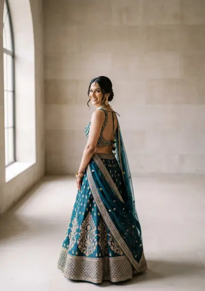 A beautiful Indian bride wearing a rich teal traditional lehenga with intricate gold embroidery and a backless blouse, smiling and looking back over her shoulder in a bright, minimalist hallway.