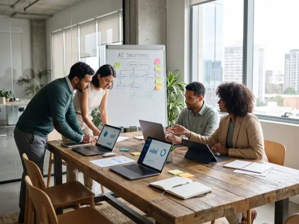 Four diverse business professionals collaborating enthusiastically at a long wooden table covered in laptops and notebooks, with a whiteboard showing 'AI Solutions' in the background of a bright office.