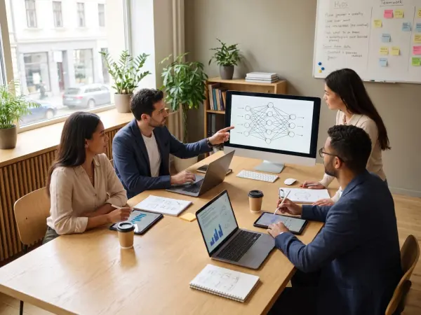 Four diverse business professionals sitting at a bright office table, looking at and pointing to a large desktop monitor displaying a neural network diagram.